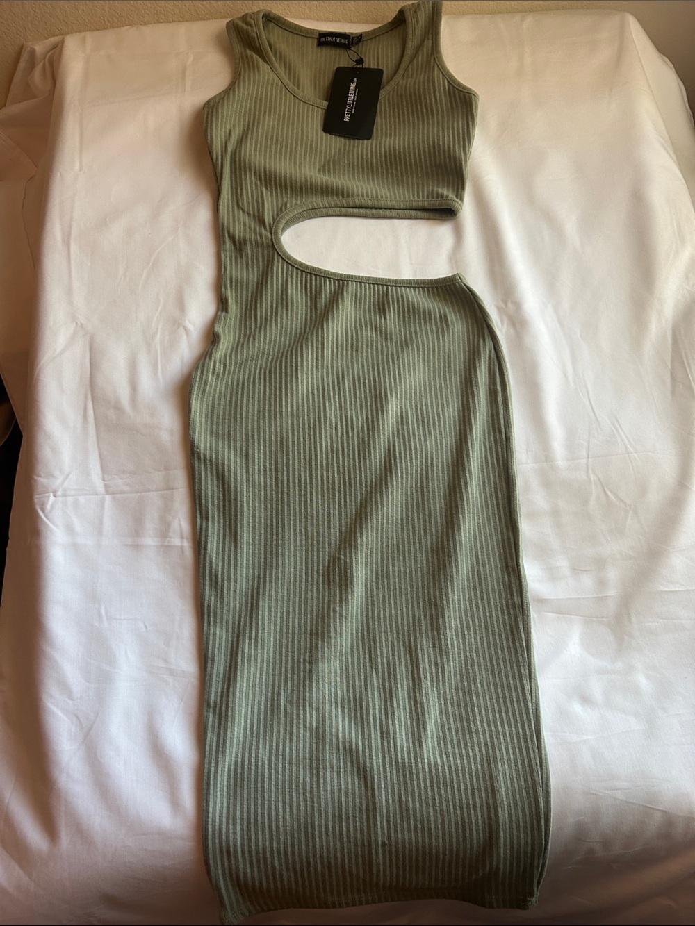 PrettyLittleThing Olive Asymmetrical Cutout Ribbed Tank Dress